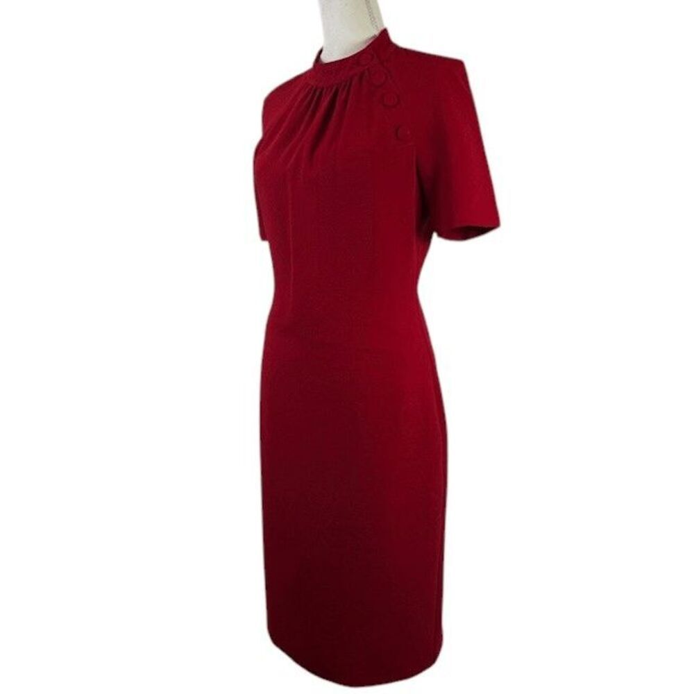 NWOT Badgley Mischka Red Mock Neck Knee Length Dress Pintucks Back Zip Size 4